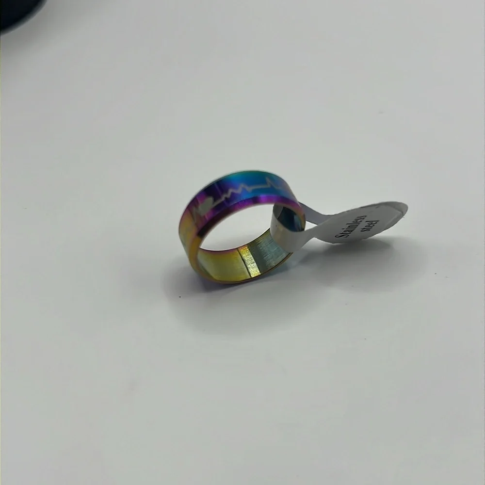 Rainbow Stainless Steel Heartbeat Ring ECG Pulse Band Unisex